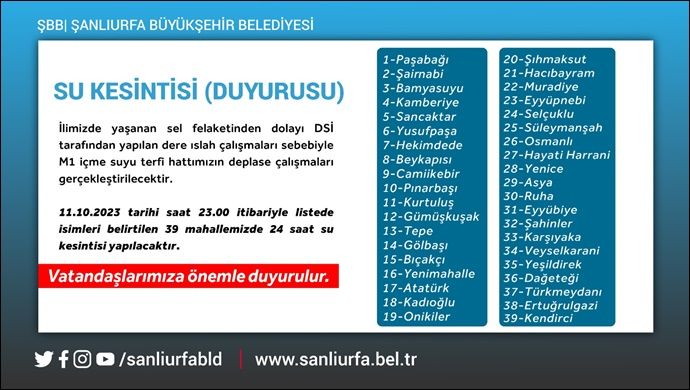 Şanlıurfa Büyükşehir Belediyesi’nden Önemli Duyuru, Su Kesintisi Yapılacak