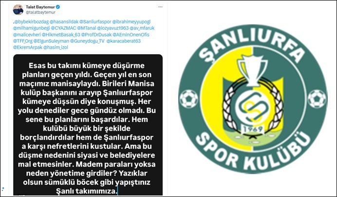 Baytemur: “Şanlıurfaspor Bilinçli Olarak Küme Düşürülüyor”