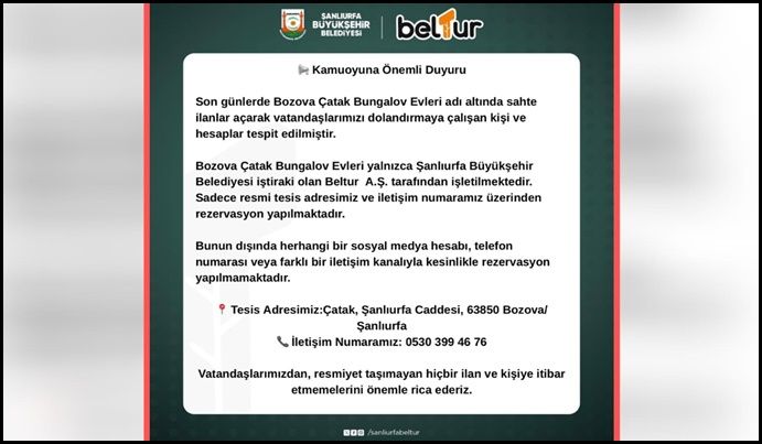 Bozova Çatak Bungalov Evleri’nden Sahte İlan Uyarısı