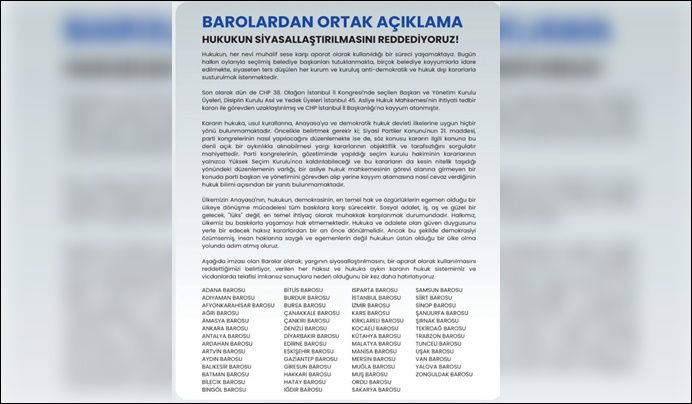 Barolardan Ortak Açıklama: “Hukukun Siyasallaştırılmasını Reddediyoruz”