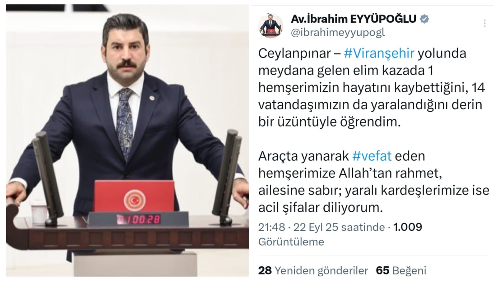 Feci kaza! Eyyüpoğlu’ndan Başsağlığı Mesajı