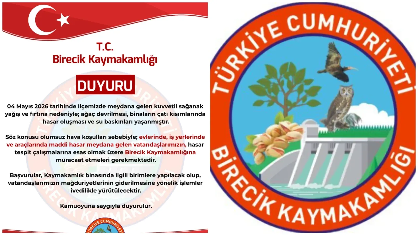 Birecik’te fırtına hasarı: Vatandaşlara başvuru çağrısı