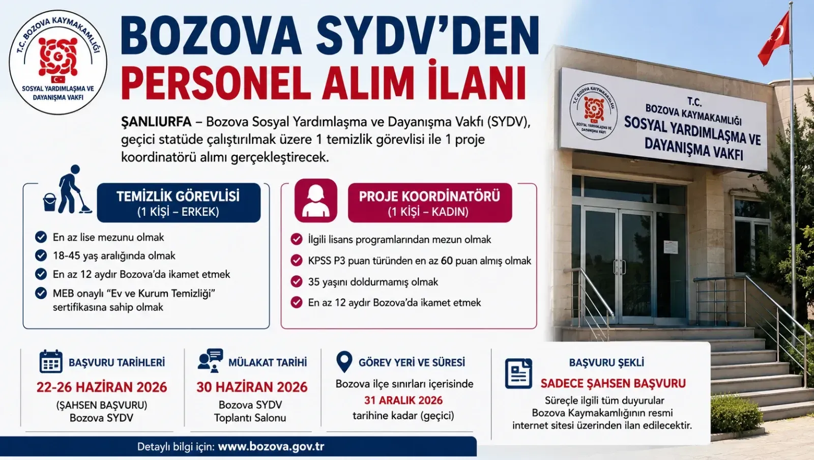 Bozova SYDV’den personel alım ilanı