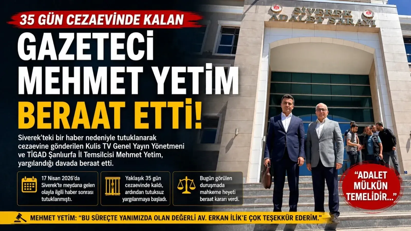 Gazeteci Mehmet Yetim Hakkında Beraat Kararı