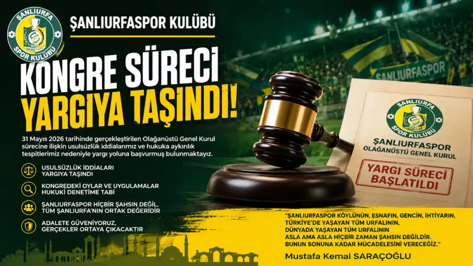 Şanlıurfaspor’da Kongre Tartışması Yargıya Taşındı: Saraçoğlu ‘ndan Açıklama