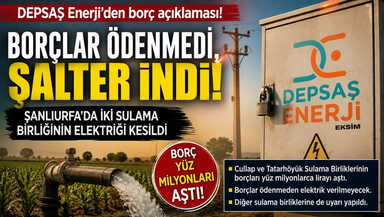 Borçlar Ödenmedi, Şalter İndi! Şanlıurfa’da İki Sulama Birliğinin Elektriği Kesildi