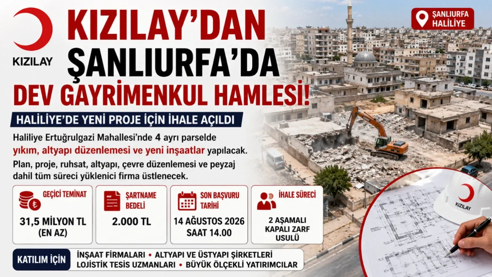 Kızılay’dan Şanlıurfa’da Dev Gayrimenkul Hamlesi! Haliliye’de Yeni Proje İçin İhale Açıldı