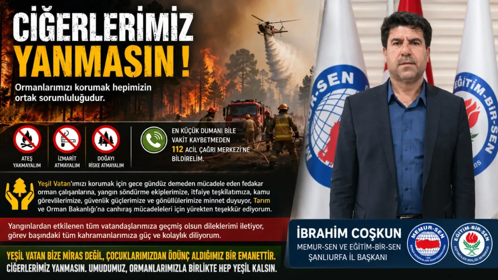 Memur-Sen İl Başkanı Coşkun’dan Orman Yangınlarına Karşı Duyarlılık Çağrısı: “Ciğerlerimiz Yanmasın”