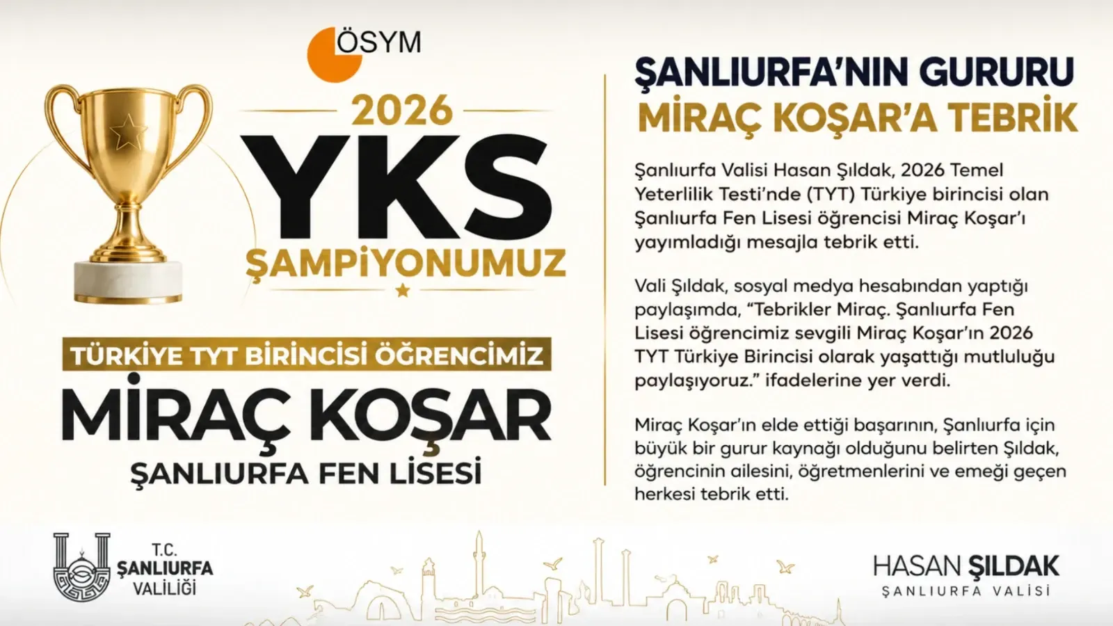 Şanlıurfa’nın Gururu Miraç Koşar’a Vali Şıldak’tan Tebrik