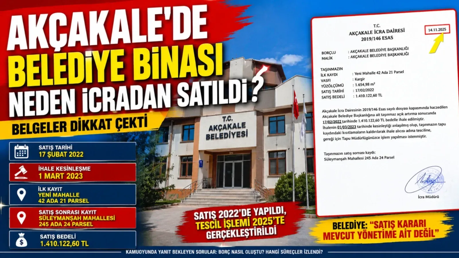 Akçakale’de Belediye Binası Neden İcradan Satıldı? Belgeler Dikkat Çekti