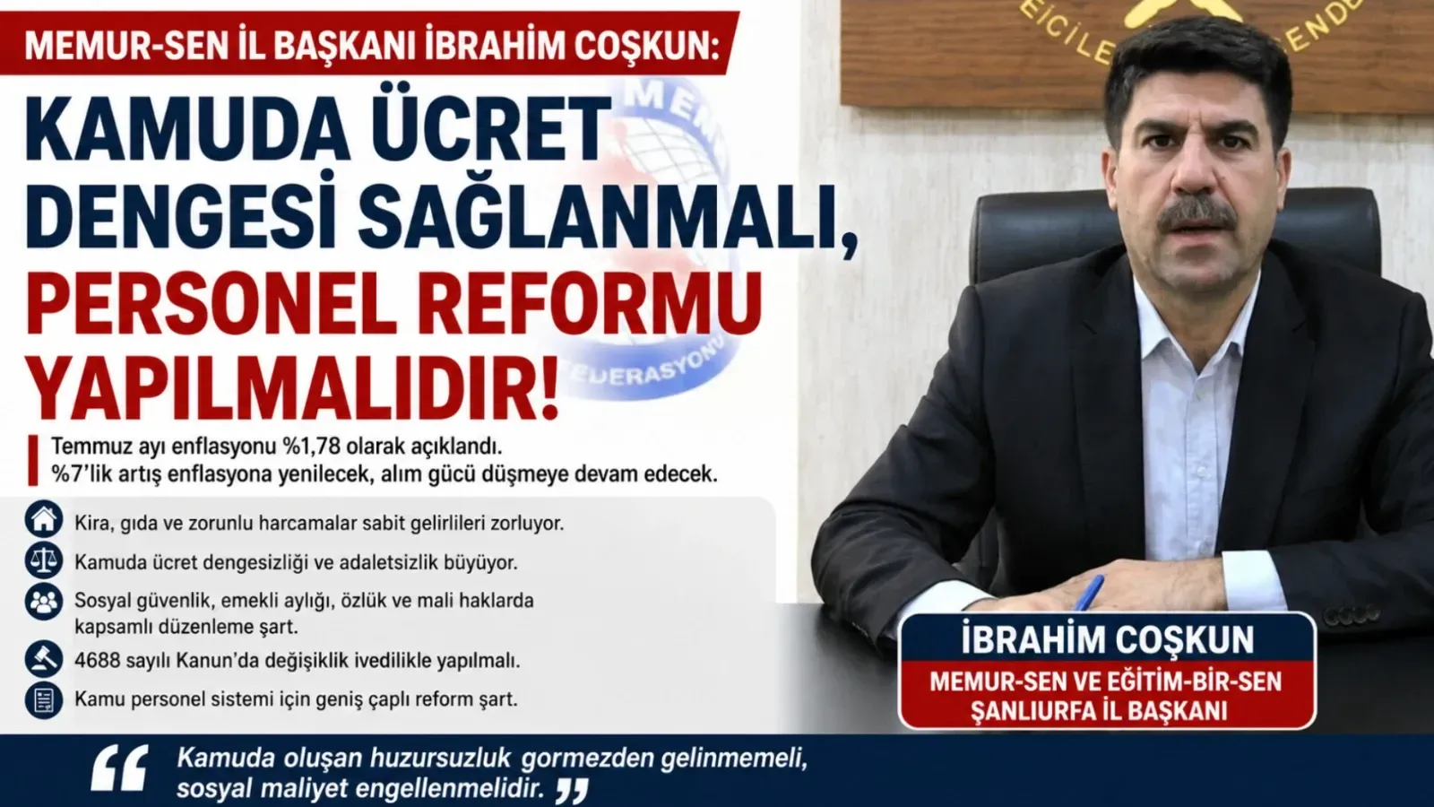 Başkan Coşkun’dan Hükûmete Çağrı: “Kamuda Ücret Adaleti Sağlanmalı, Personel Reformu Gecikmemeli”