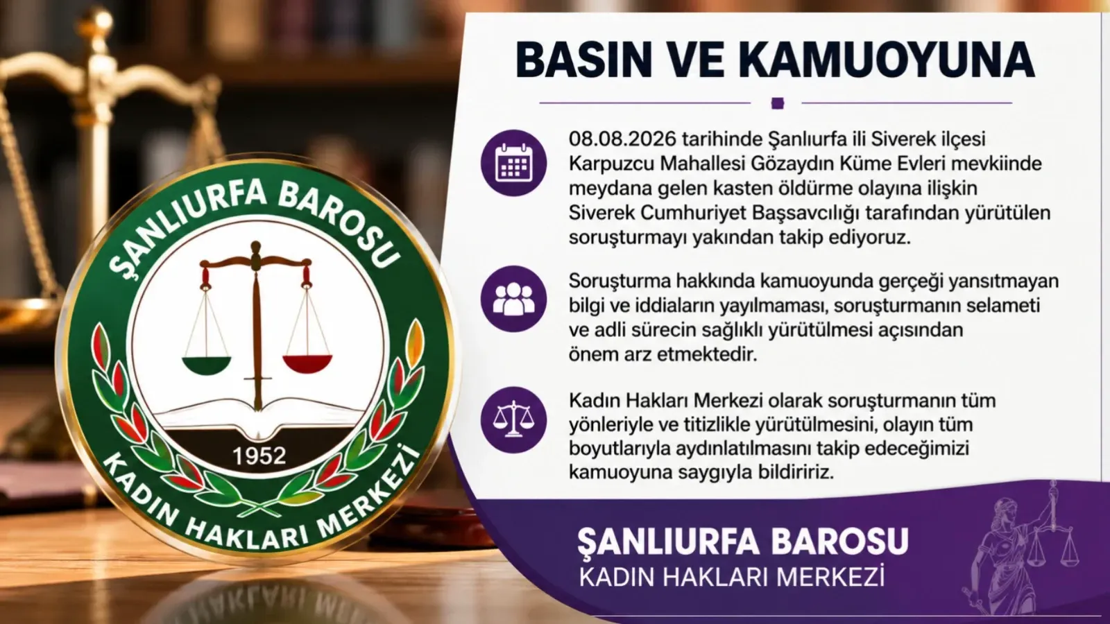 Şanlıurfa Barosu Kadın Hakları Merkezi’nden Siverek’teki Cinayet Soruşturmasına İlişkin Açıklama