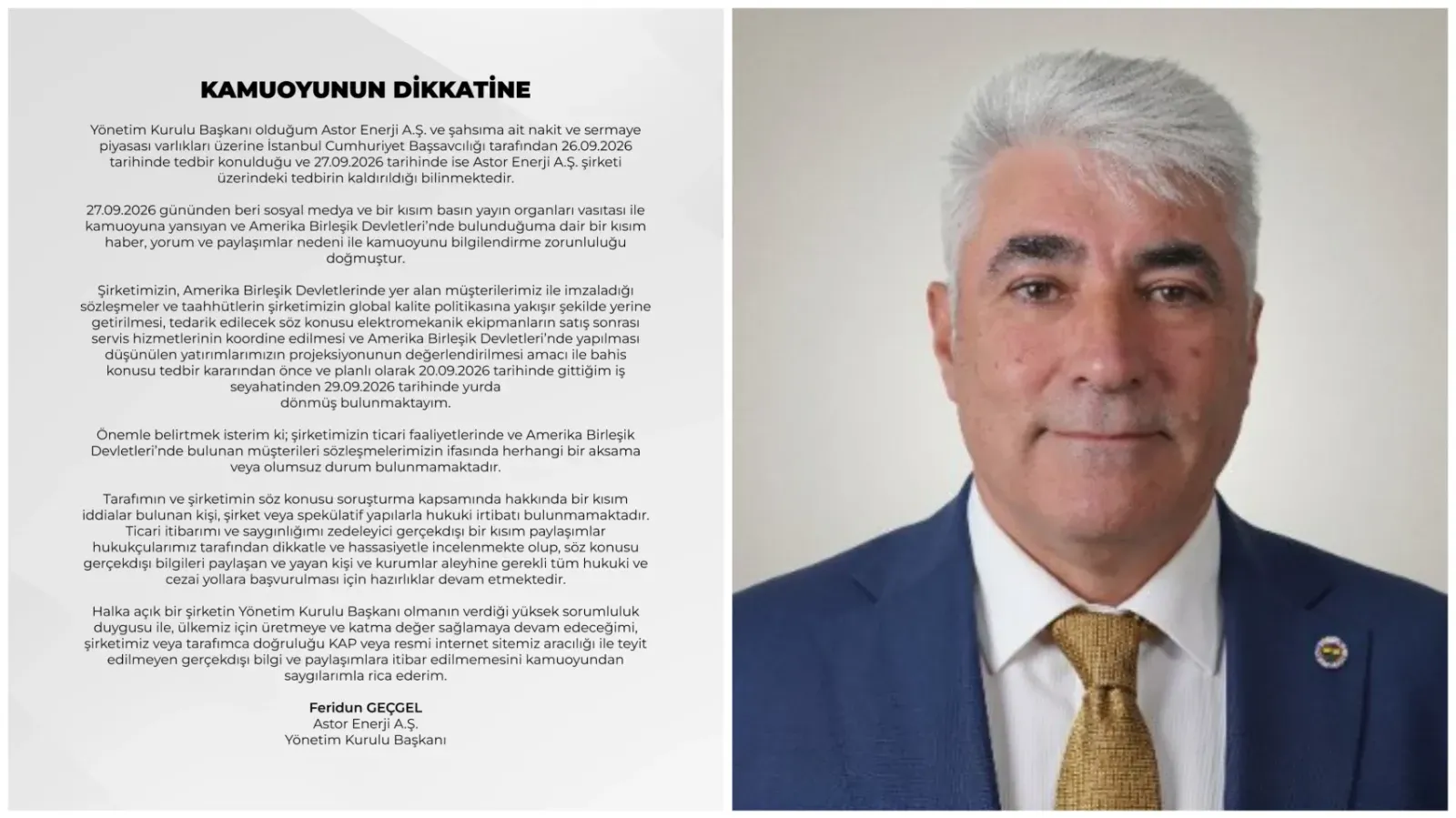 Astor Enerji Yönetim Kurulu Başkanı Geçgel’den ABD’de olduğu yönündeki iddialara yanıt