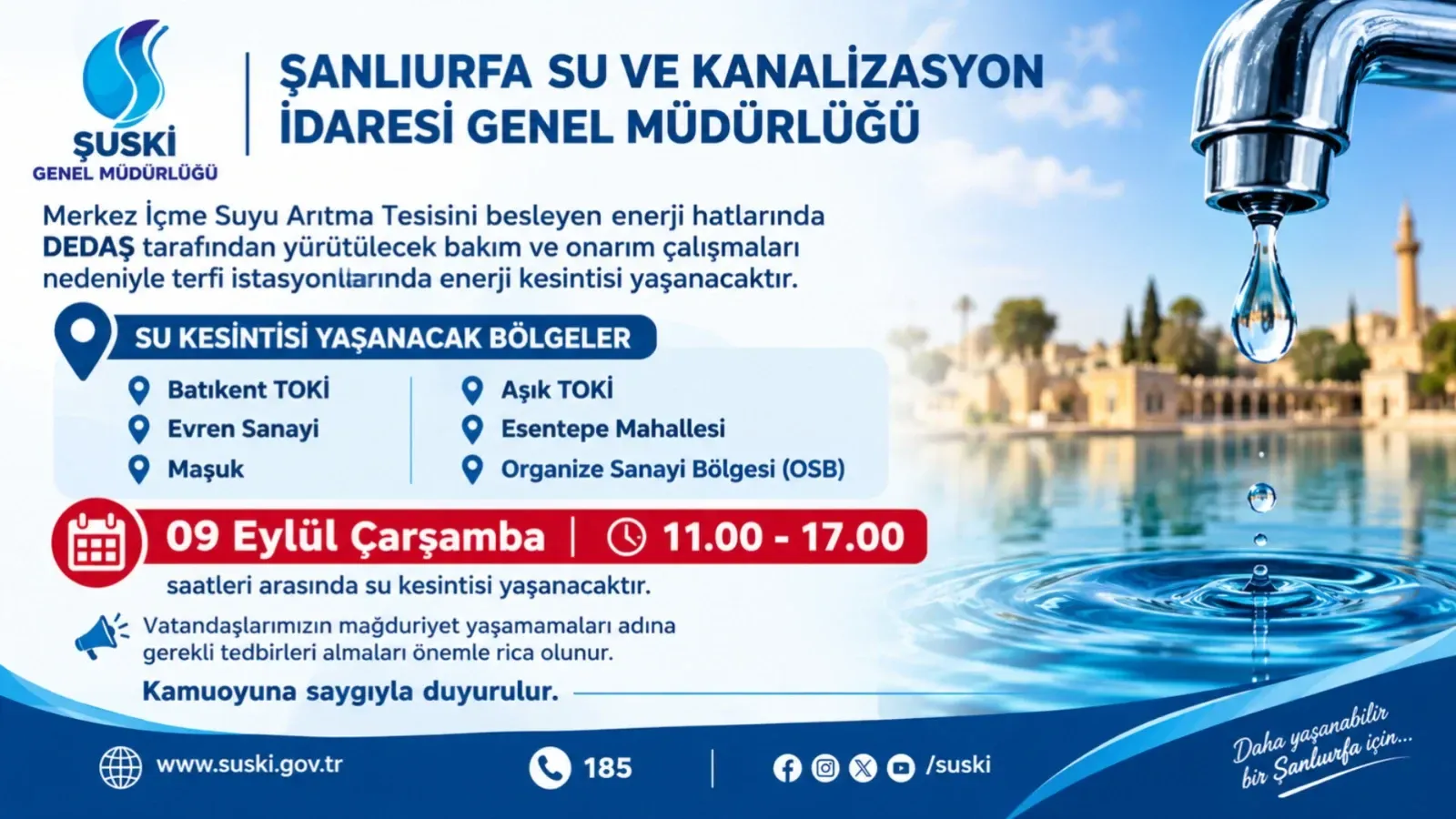 Şanlıurfa’da 6 Saatlik Su Kesintisi! 6 Bölge Etkilenecek