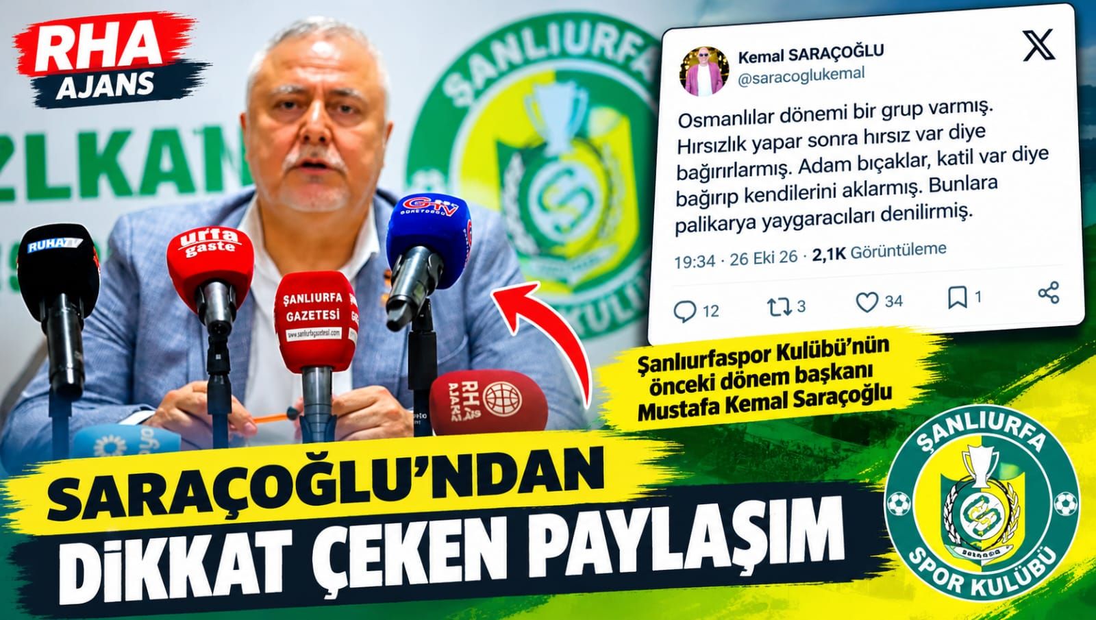 Eski Şanlıurfaspor Başkanı Saraçoğlu’ndan Dikkat Çeken Paylaşım
