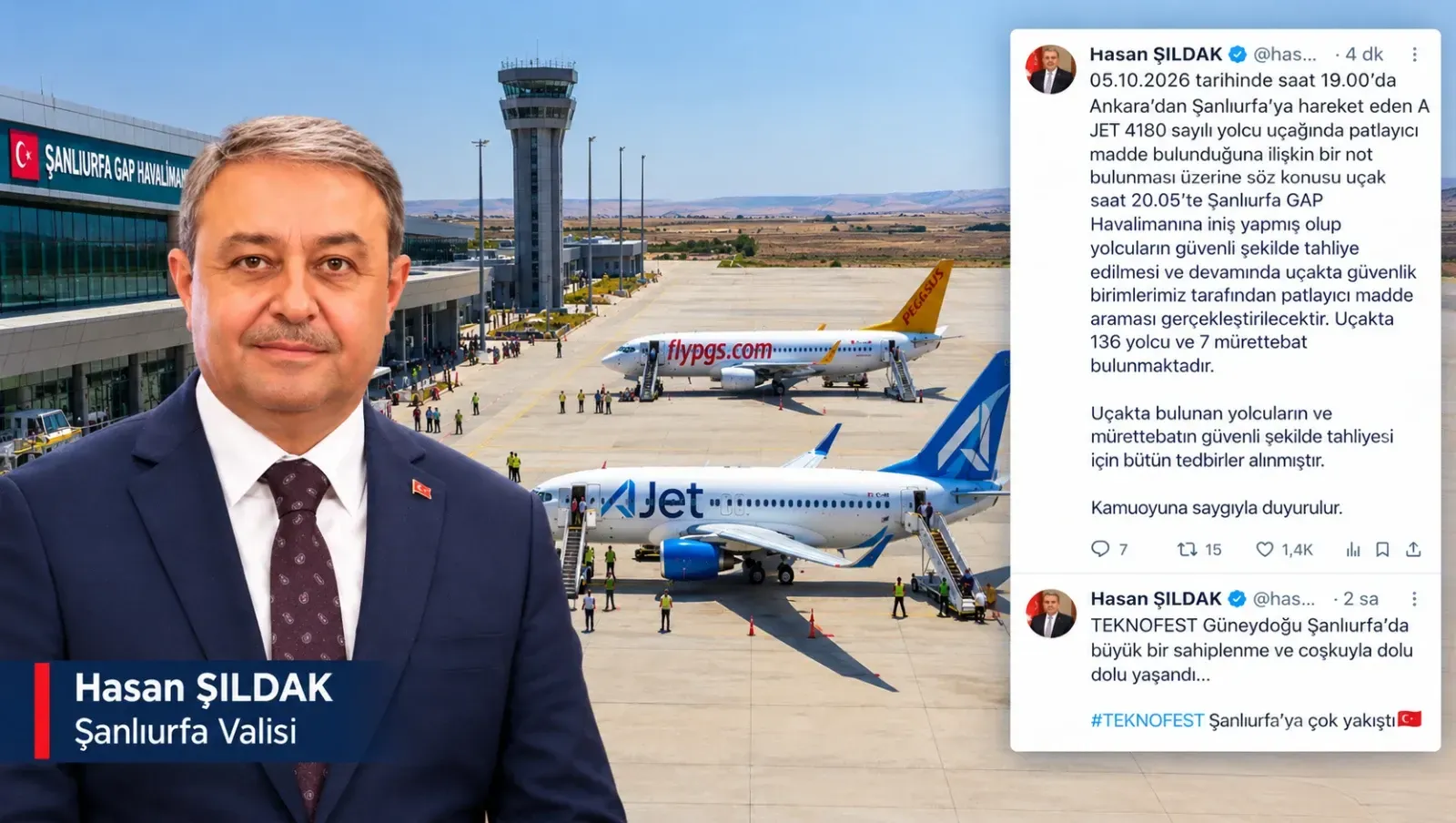 ŞANLIURFA’YA GELEN UÇAKTA BOMBA NOTU ALARMI