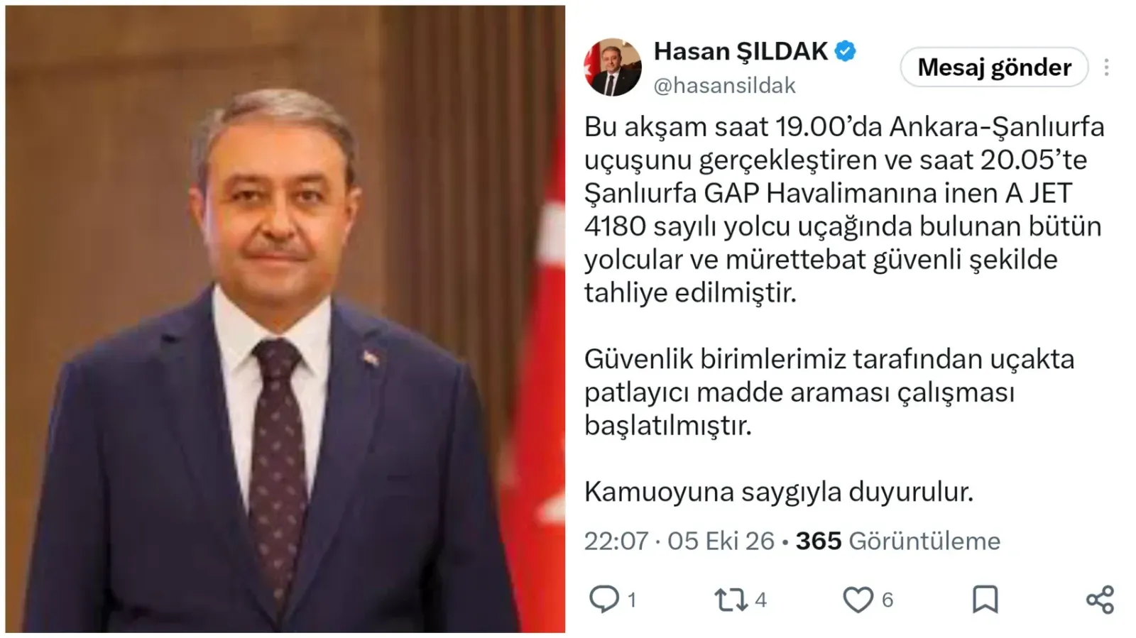 ŞANLIURFA’YA İNEN UÇAKTA PATLAYICI MADDE ARAMASI